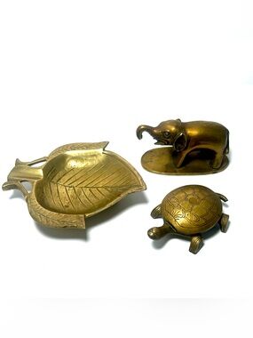 Vintage Gold Solid SmallBrass Leaf Dish, Turtle Trinket & Elephant Figurine Set